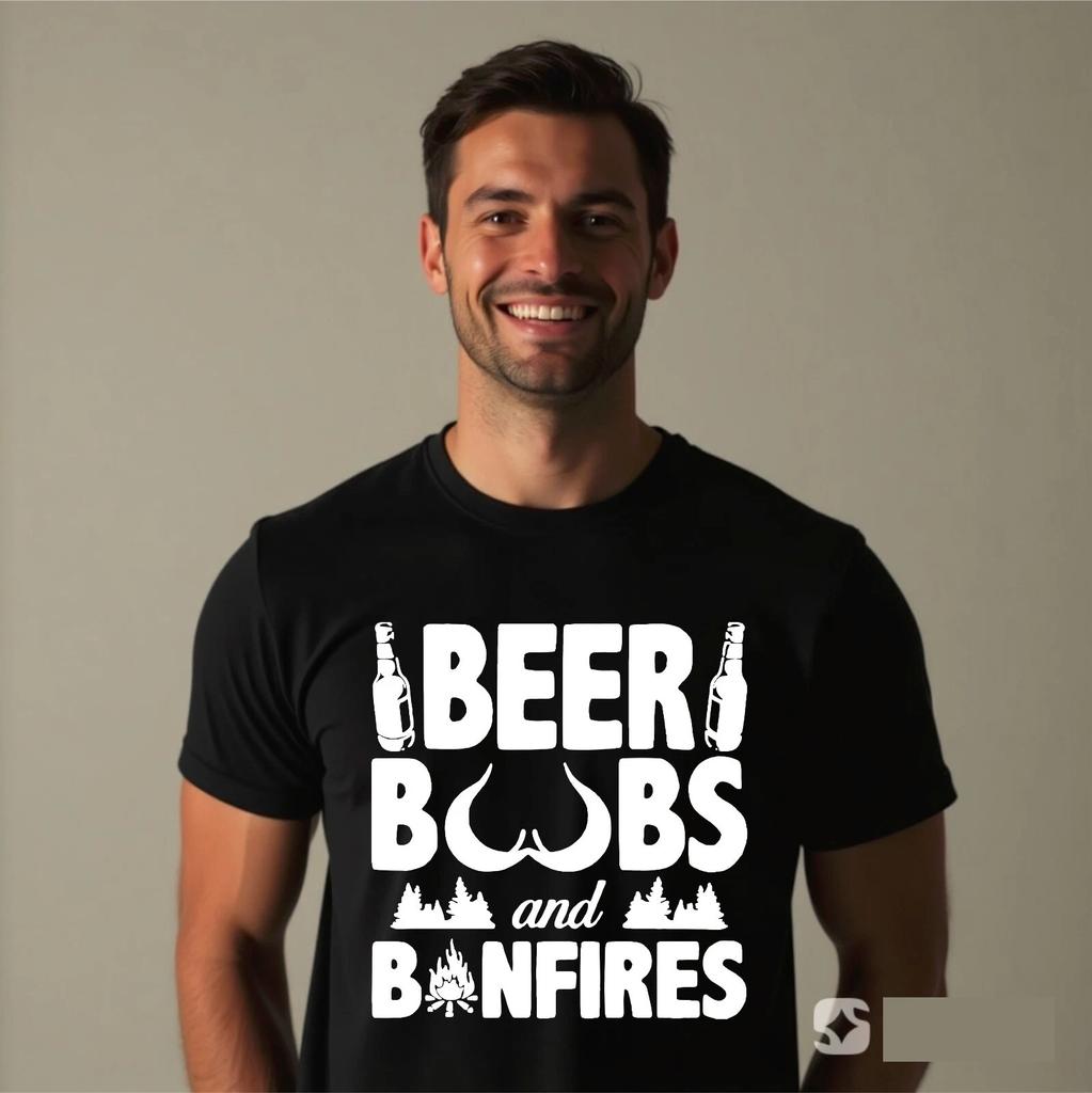 Beer Boobs And BornFire Mens T-Shirt Funny Joke Retro Gifts Party Adults Tee Top