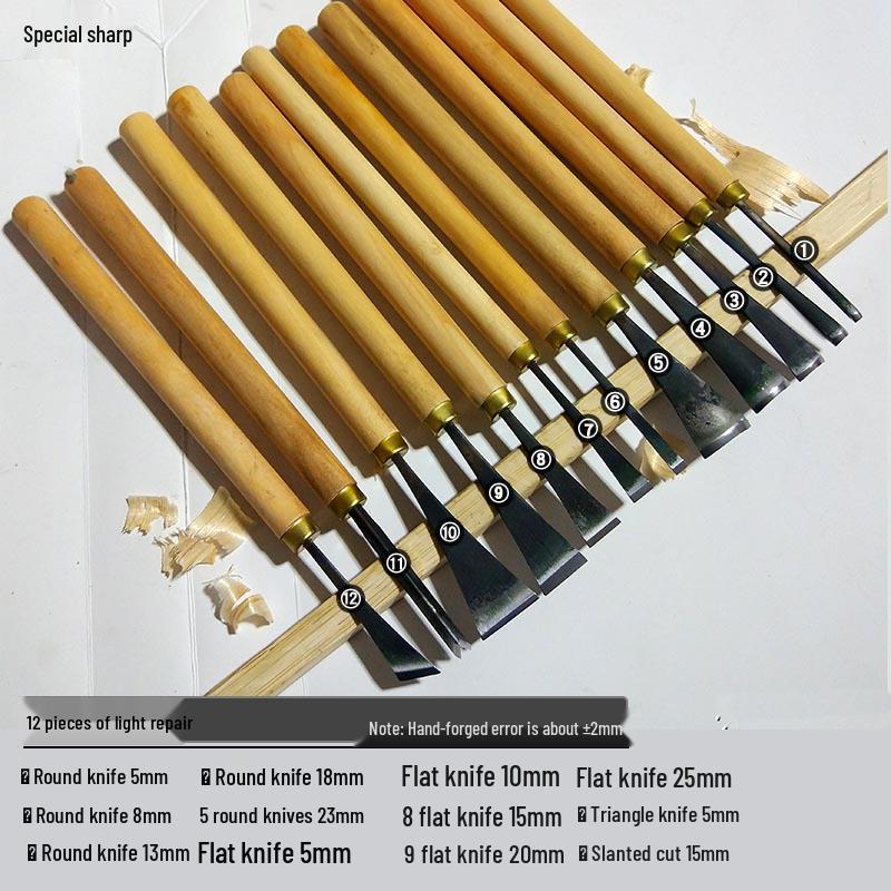 Dongyang Handmade Wood Carving Knife Set: Root, Flower, and Roughing Shaping Chisels.