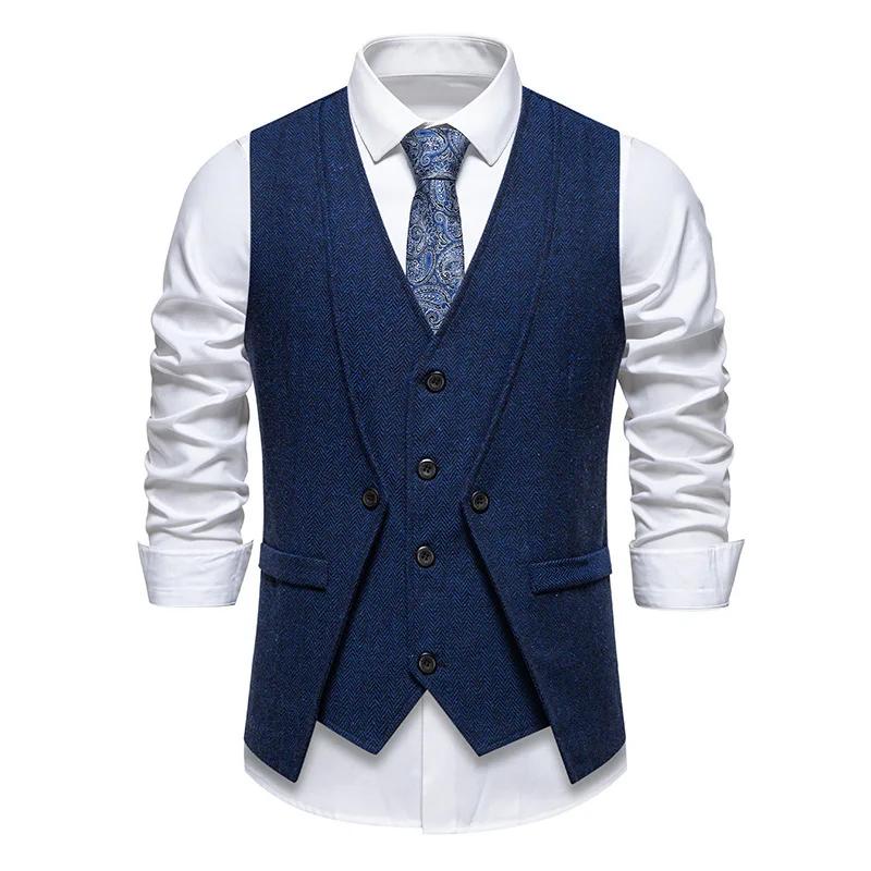 England Style Men's Suit Vests Fake Two Pieces Business Casual Waistcoats Vintage Mens Formal Dress Vest