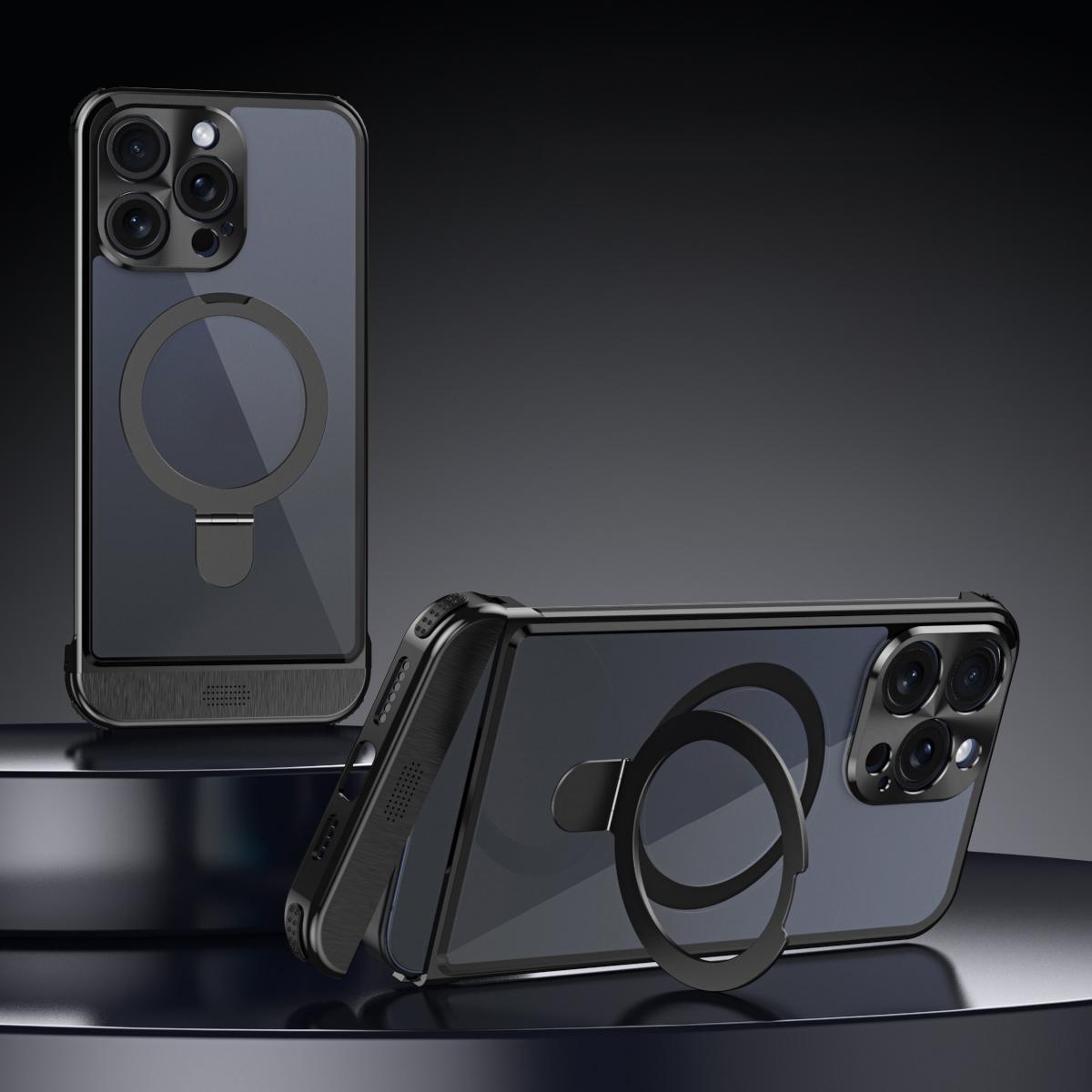 

For iPhone 15 Pro Max Aromatherapy Case Acrylic+Aluminum Alloy Magnetic Kickstand Phone Cover Black