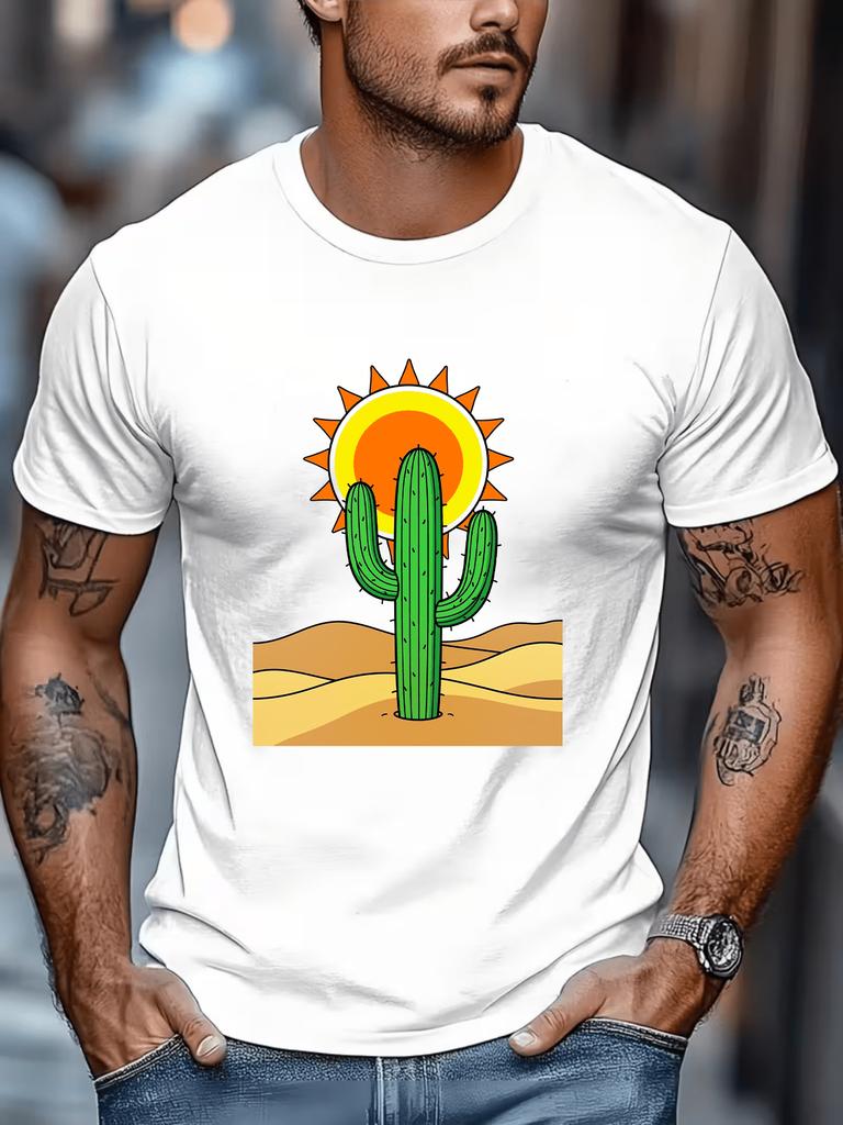 Unisex Crew Neck Tee Retro Desert Cactus Sun Cartoon Print Short Sleeve Oversized Male Daily Casual Soft Breathable Basic Wear Top