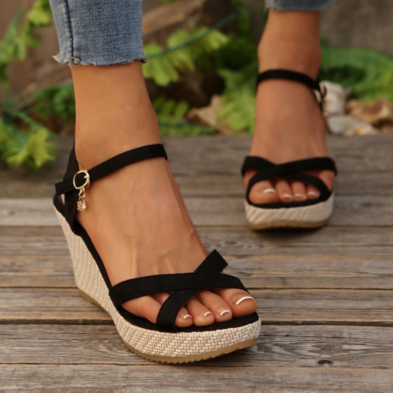 Vintage Brown Suede Cross Strap Wedge Heel Sandals Women Summer Round Toe High Heel Ankle Strap Sandals Bohemia Soft Sole Shoes