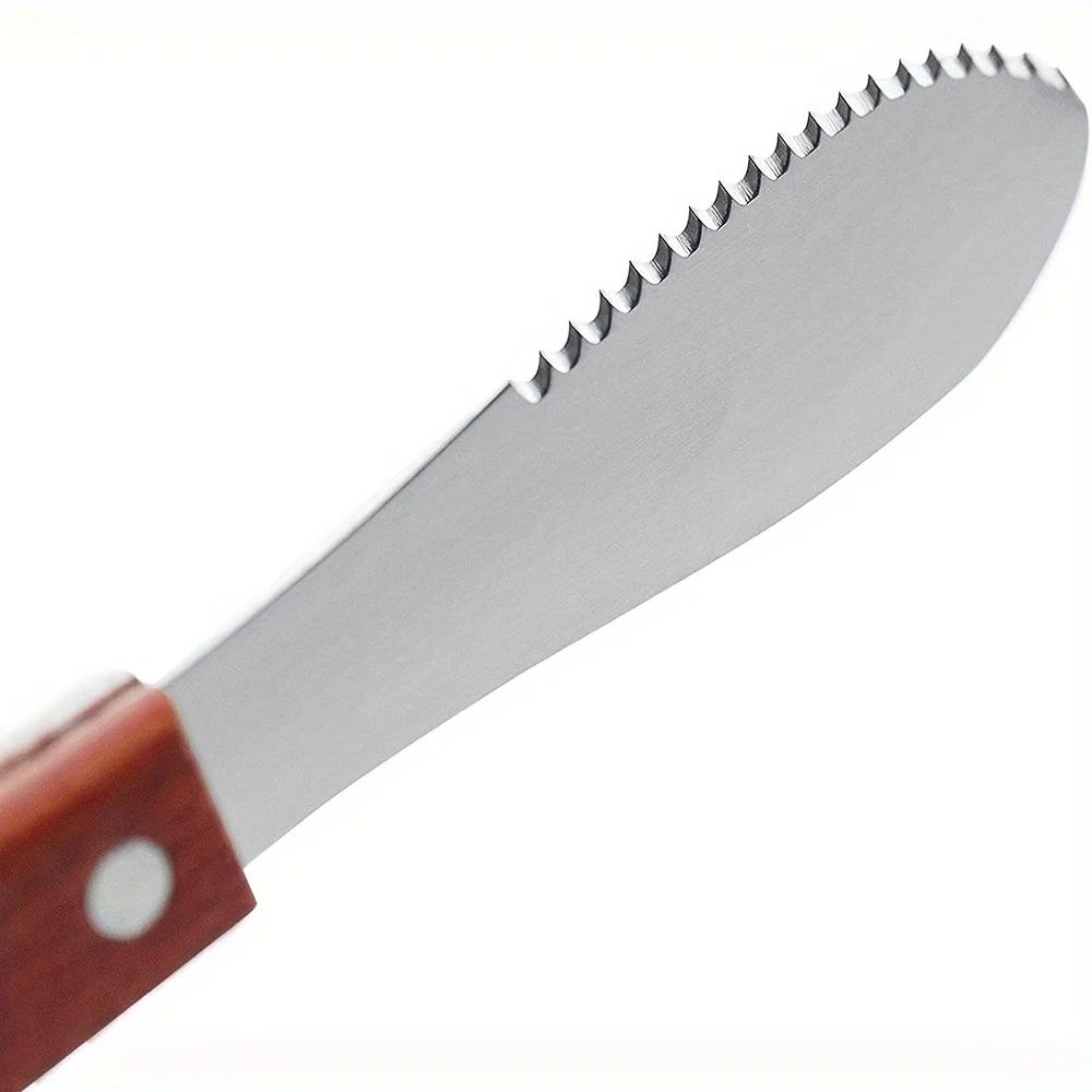 Deluxe Stainless Steel Butter Spreader, Equipped with A Wooden Handle and Featuring A Wide and Straight Blade Edge.