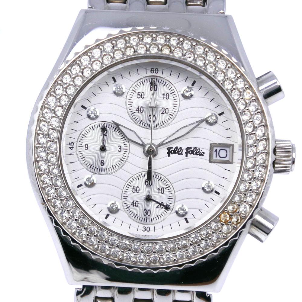 

Folli Follie bezel rhinestone Watches WF6A049SV WhiteDial Stainless Steel/Rhinestone Quartz Chronograph Women Used