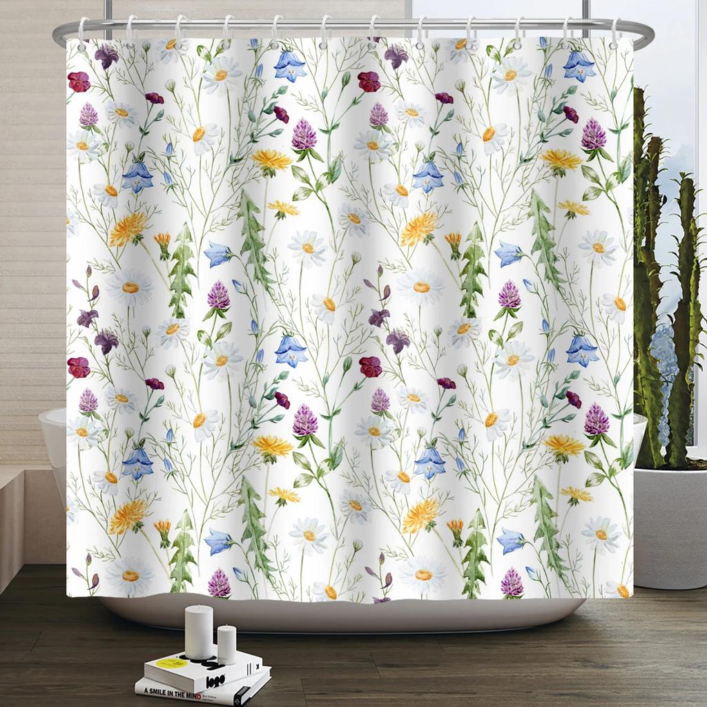 Watercolor Floral Shower Curtain for Bathroom Spring Elegant Flower Printed Bath Curtain Botanical Wildflower Bathroom Decor