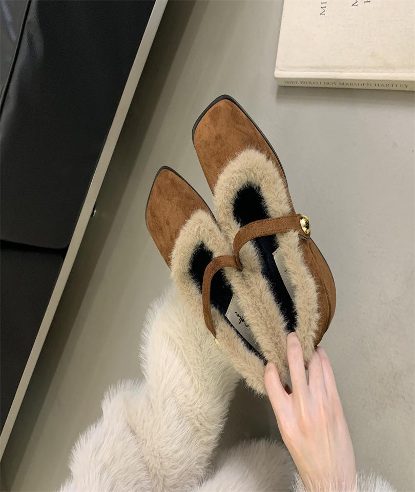 Thick-heeled Bag-headed Shoes for Women's 2025 Autumn and Winter New French Retro Square-headed Leopard Print Plush Mary Jane Mao Shoes