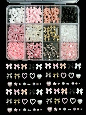 1 Set Nail Art Decorations Kit, Resin Bow Charms and Pearls In Mixed Sizes, DIY Manicure Accessories, Alcohol-Free Nail Art Supplies with Storage Box
