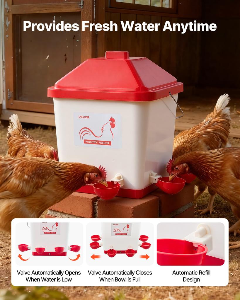 VEVOR 19L Automatic Chicken Waterer, 6 Water Ports, Automatic-Fill Water Cup, Automatic Gravity Waterer with Convenient Handle Sealed Rubber Ring