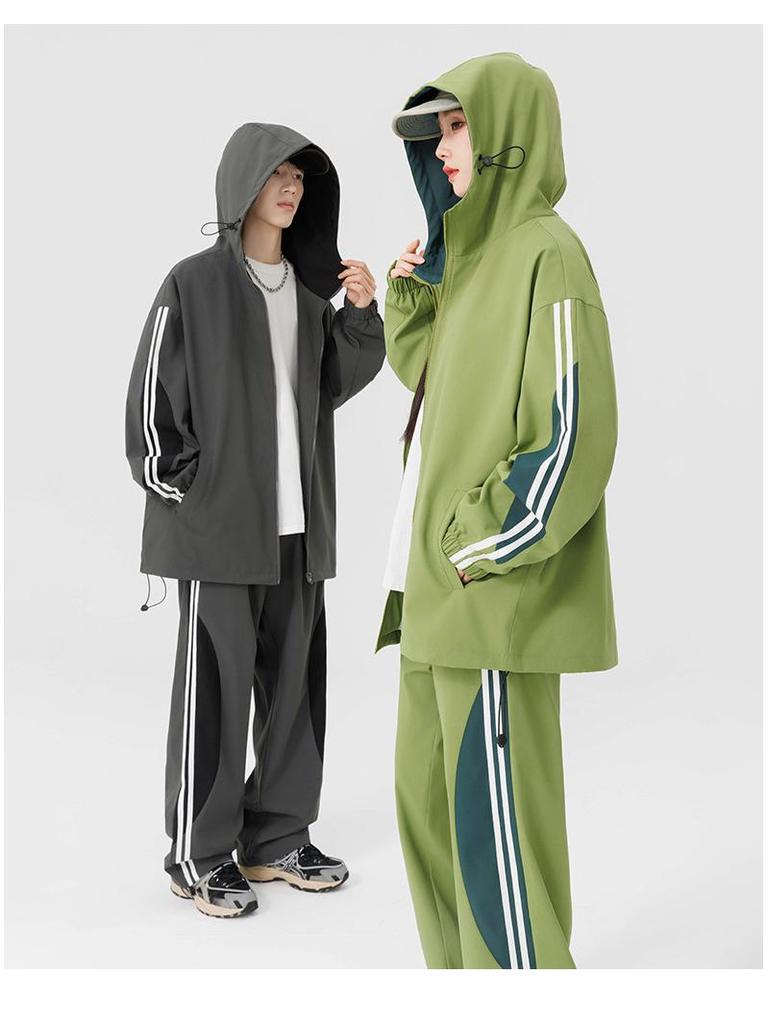 Men's Autumn Color Block Striped Windbreaker & Waterproof Hiking Pants Set