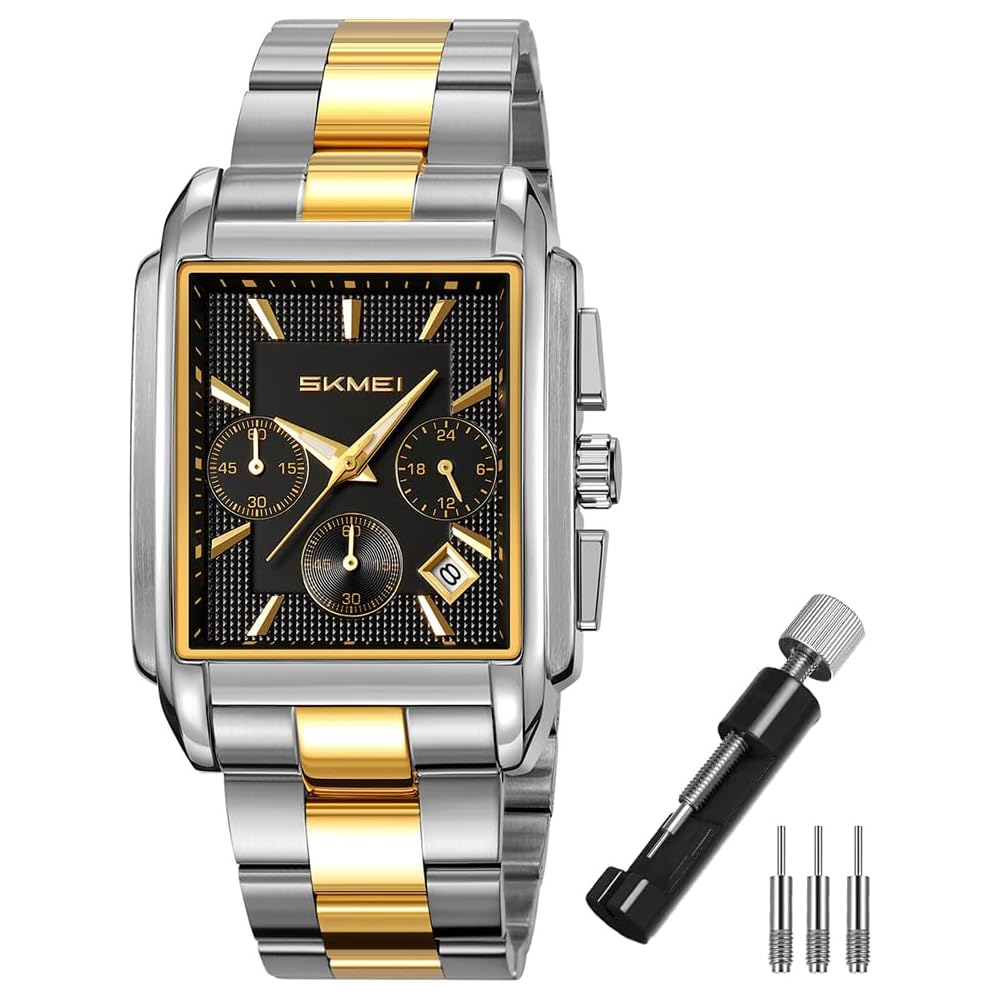 SKMEI Square Analog Chronograph Watch for Men Silver Stainless Steel Waterproof Business Casual