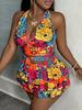 Blumen Gänseblümchen Neckholder V-Ausschnitt Tanktop & Falten Minirock Badeanzug Set