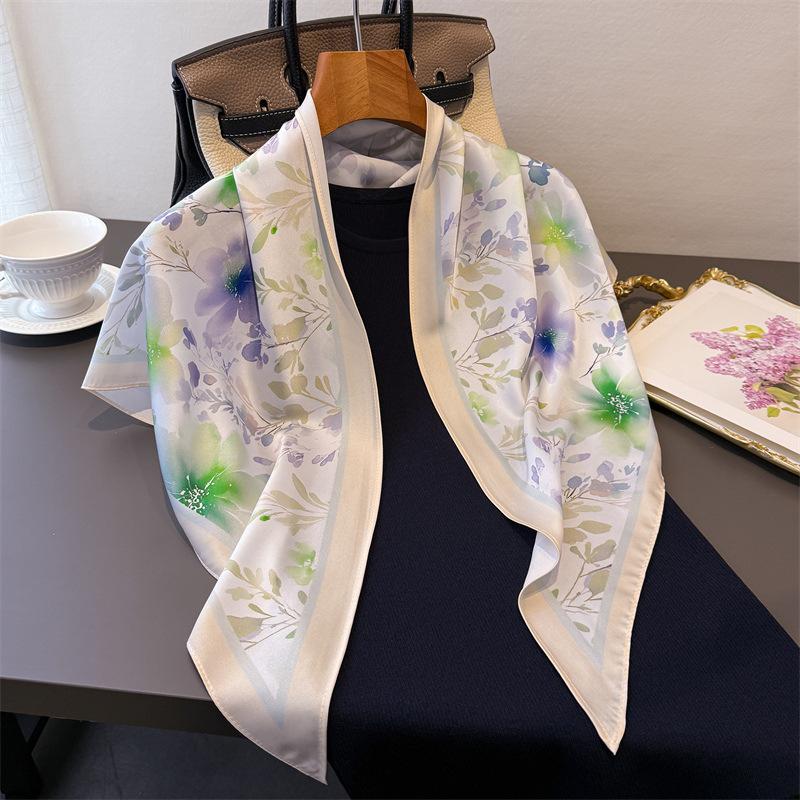 Sweet and fresh triangle scarf imitation silk printing sunscreen shawl tied waist scarf women's silk scarf scarf headscarf scarf