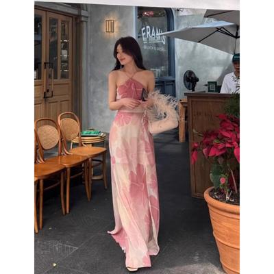 Neck Printed Suspender Dress Spring New Women's Chiffon Split Halter Skirt Pink