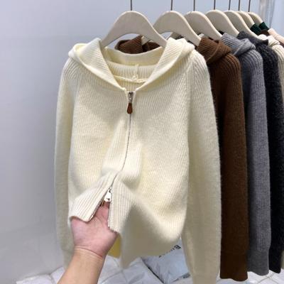 Autumn and Winter Double Zipper Knitted Sweater Jacket Women's Popular Hooded Pit Strip Design Sense Age-reducing Small Cardigan