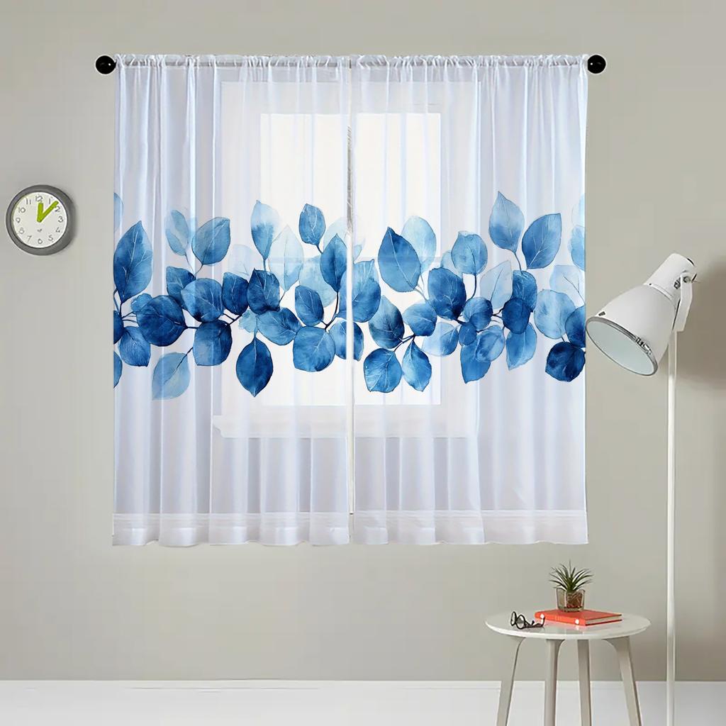 2 Stück HD digital Blau Blätter bedrucktes Fenstergitter Heimdeko Stil Dekoration Wohnzimmer Schlafzimmer Stange