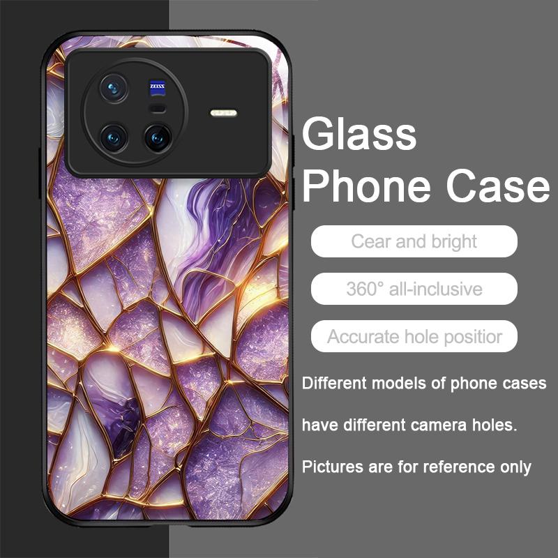 Stylish Purple-Crystal Marble Texture Tempered Glass Phone Case for OPPO Reno 13F 12 11 10 ProPlus Find X8 X3 Lite A58 A94 Cover