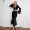 Womens Lace Two-Piece Set V-Neck Sheer Long Sleeve Top With Flared Fishtail Skirt Elegant Casual Outfit