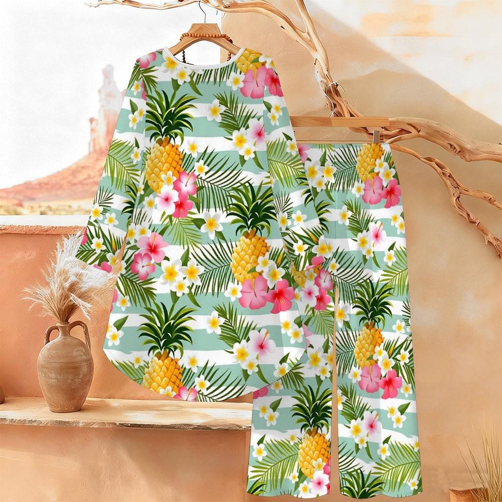 Geometric Pattern Print Two Piece Outfit Women Long Sleeve Irregular Hem Tunic Top Wide Leg Pants Casual Matching Set