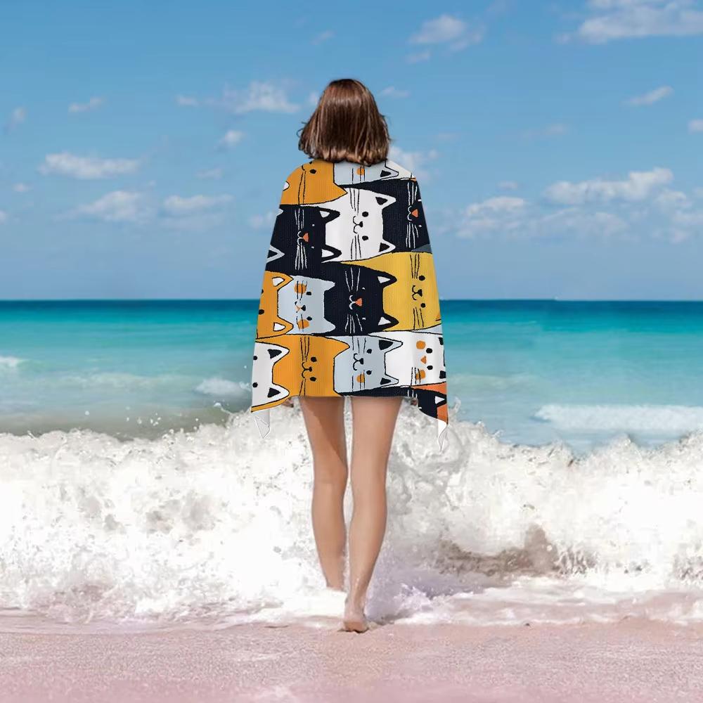 1Pc Cute Splicing Cats Print Beach Towel Quick-Drying Towel Super Absorbency Suitable For Seaside Pool Camping Vacation And Pool