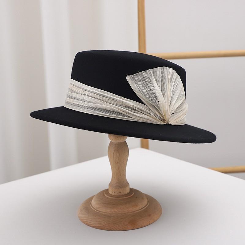 Womens Wool Flat Top Hat Winter Warm Short Brim Fedora Vintage British Style Elegant Silk-Linen Trimmed Cap