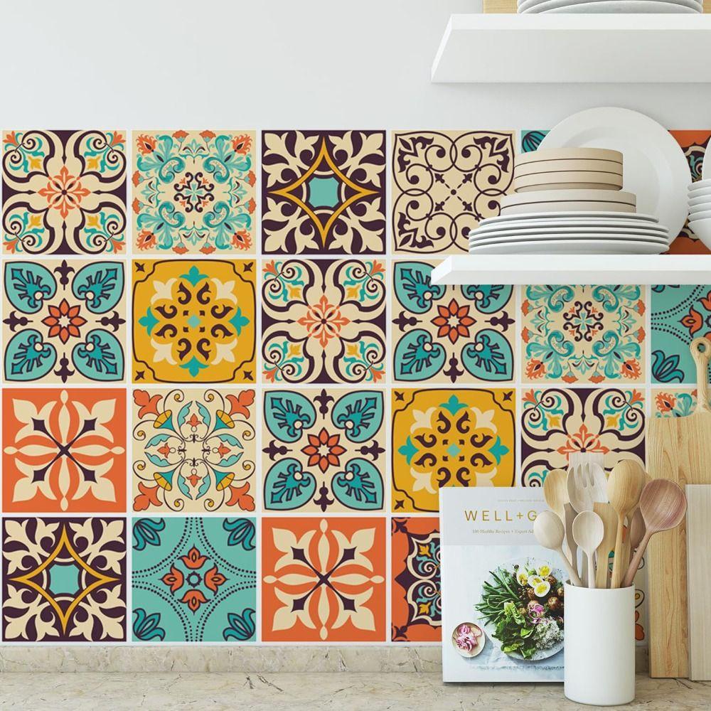12Pcs Mandala Pattern Backsplash Tile Stickers Multicolor Design PVC Peel and Stick Tile Self-Adhesive Classic Style