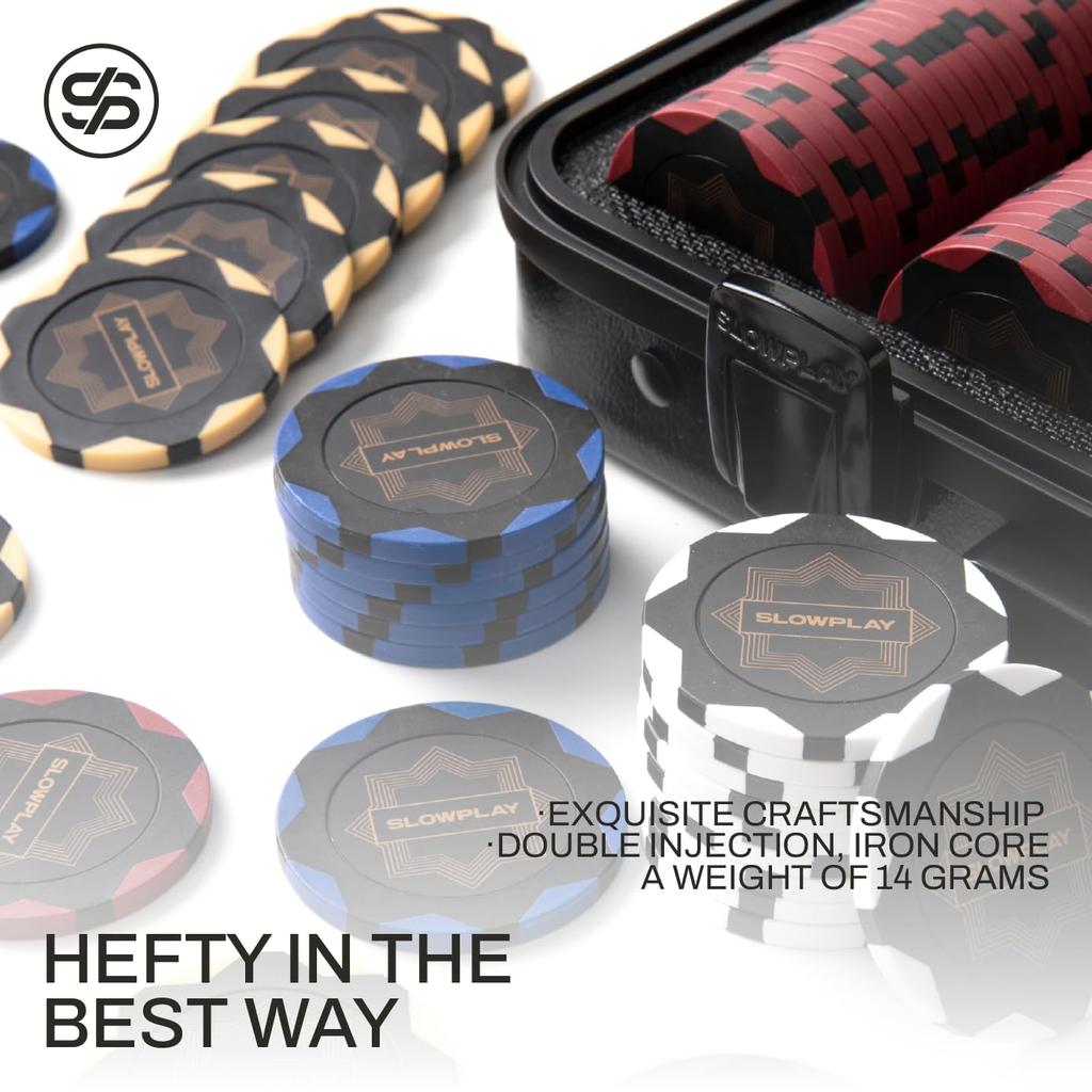 SLOWPLAY Nash Clay Poker Chip Texas 500 Chips Values with Durable Polycarbonate Perfect Gift for Poker Players Set, 14g, Hold'em, [Chip Included]