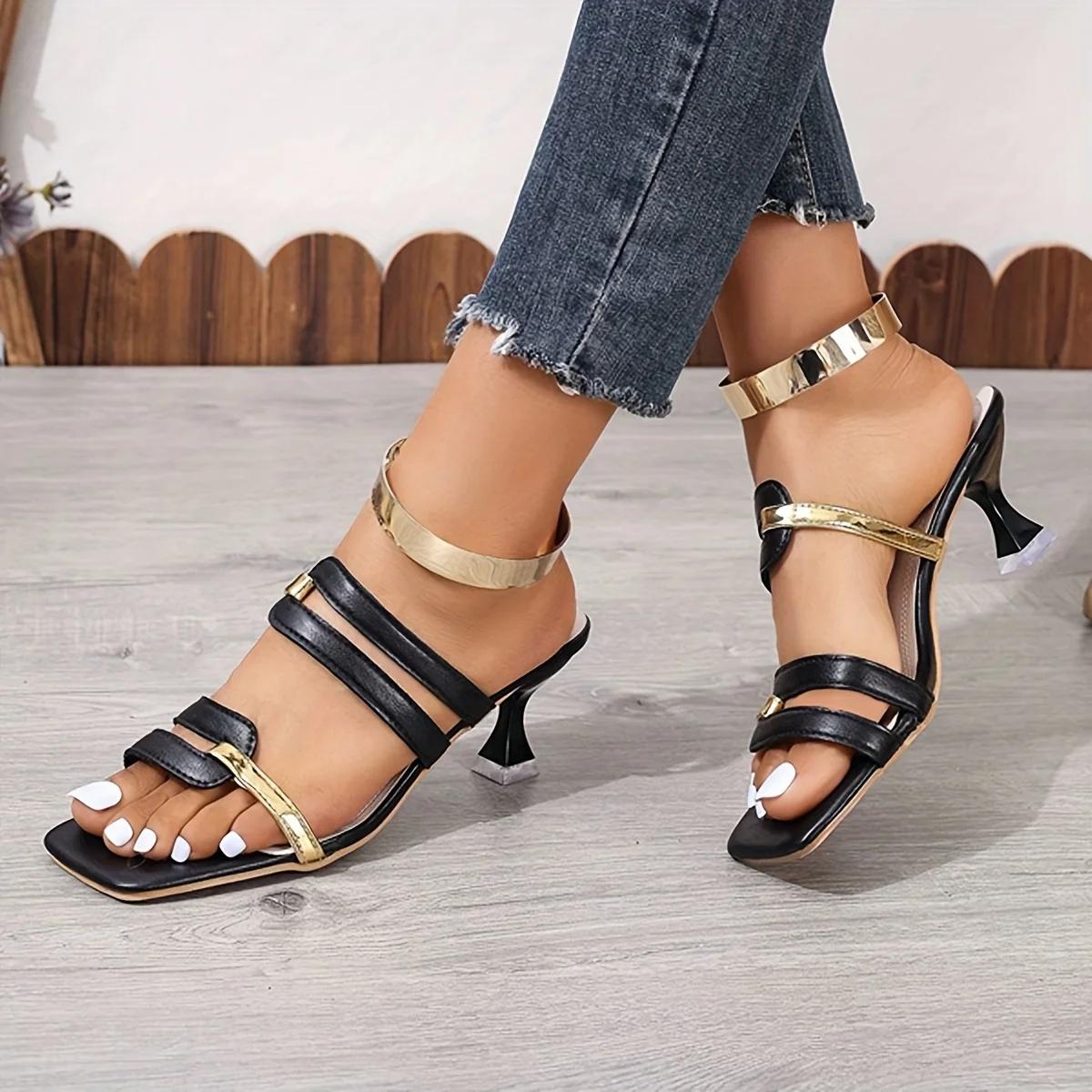 

Летние Новые Туфли на Тонком Каблуке с Квадратным Носком, Удобные Босоножки с Открытым Носком, Модные Сексуальные Элегантные Банкетные Шлепанцы на Высоком Каблуке 36 чёрный