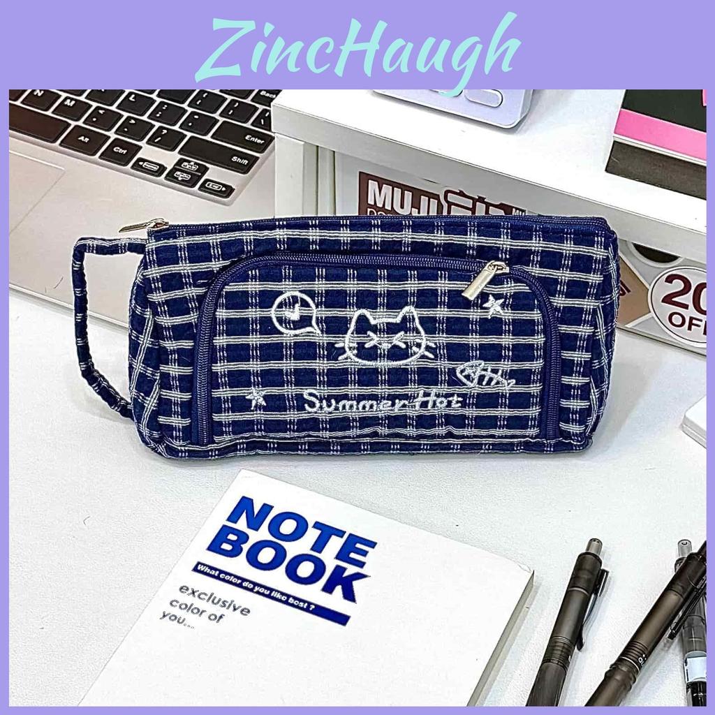 Cute Cat Lattice Pattern Pen Case With Fabric Material For Students And Girls