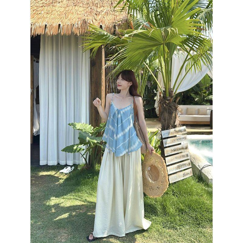 Kumikumi Holiday Style Set Irregular Cami Women Clothes Summer High Waist Loose Casual Pants Two-piece Set