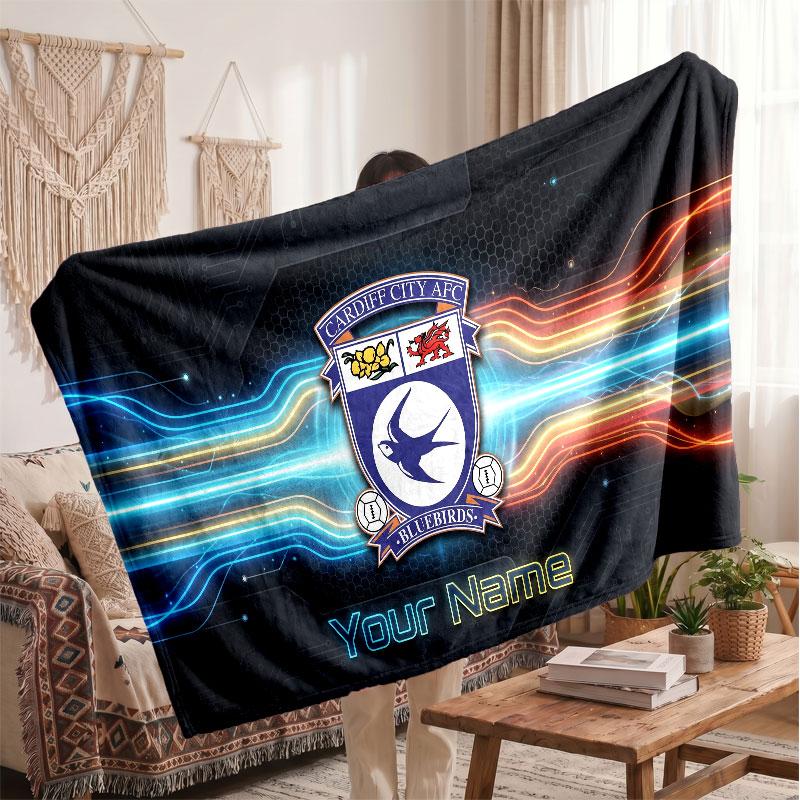 Cardiff City Personalized Fleece Blanket With Football Logo, Custom Name Text Soft Warm Home Throw Blanket