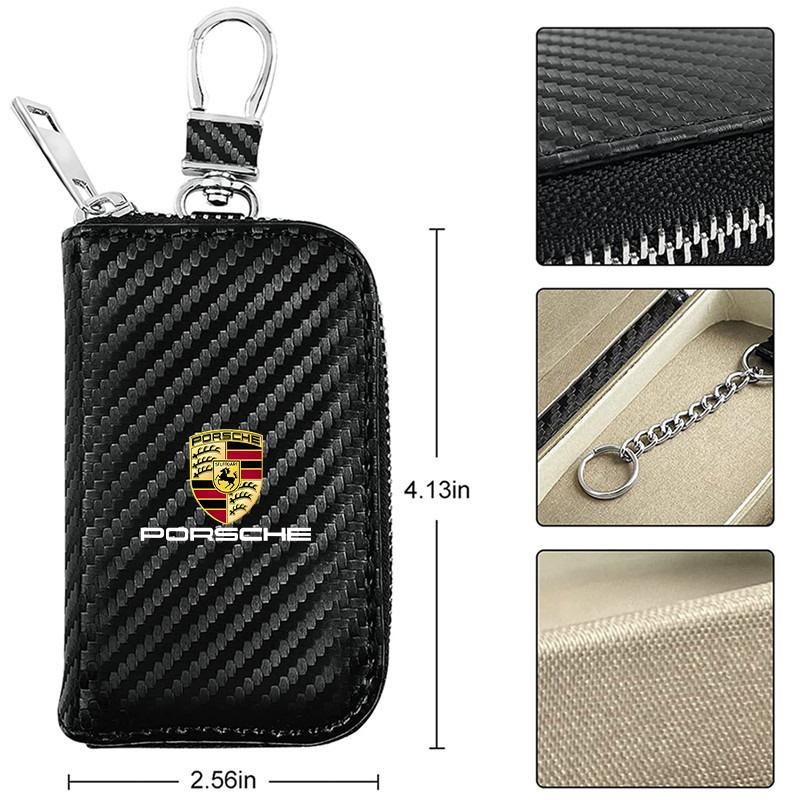 Housse de Boîte à Clés de Voiture en Cuir Fibre de Carbone Porte-clés pour Porsche Panamera Cayenne Taycan 911 718 Macan Carrera-GT 928 968 Accessoires