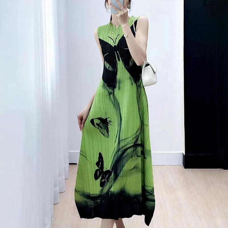 High-End-Sommerkleid für Damen mit Schmetterlingsdruck, schmale Passform, ärmelloses Westenkleid mit V-Ausschnitt, plissiertes langes A-Linien-Kleid