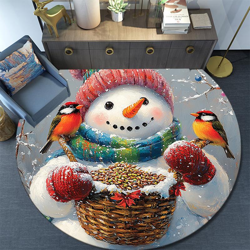 Snowman with Birds Round Area Rug,Carpet Rug for Living Room Bedroom Sofa Playroom Decor,Non-slip Floor Mat