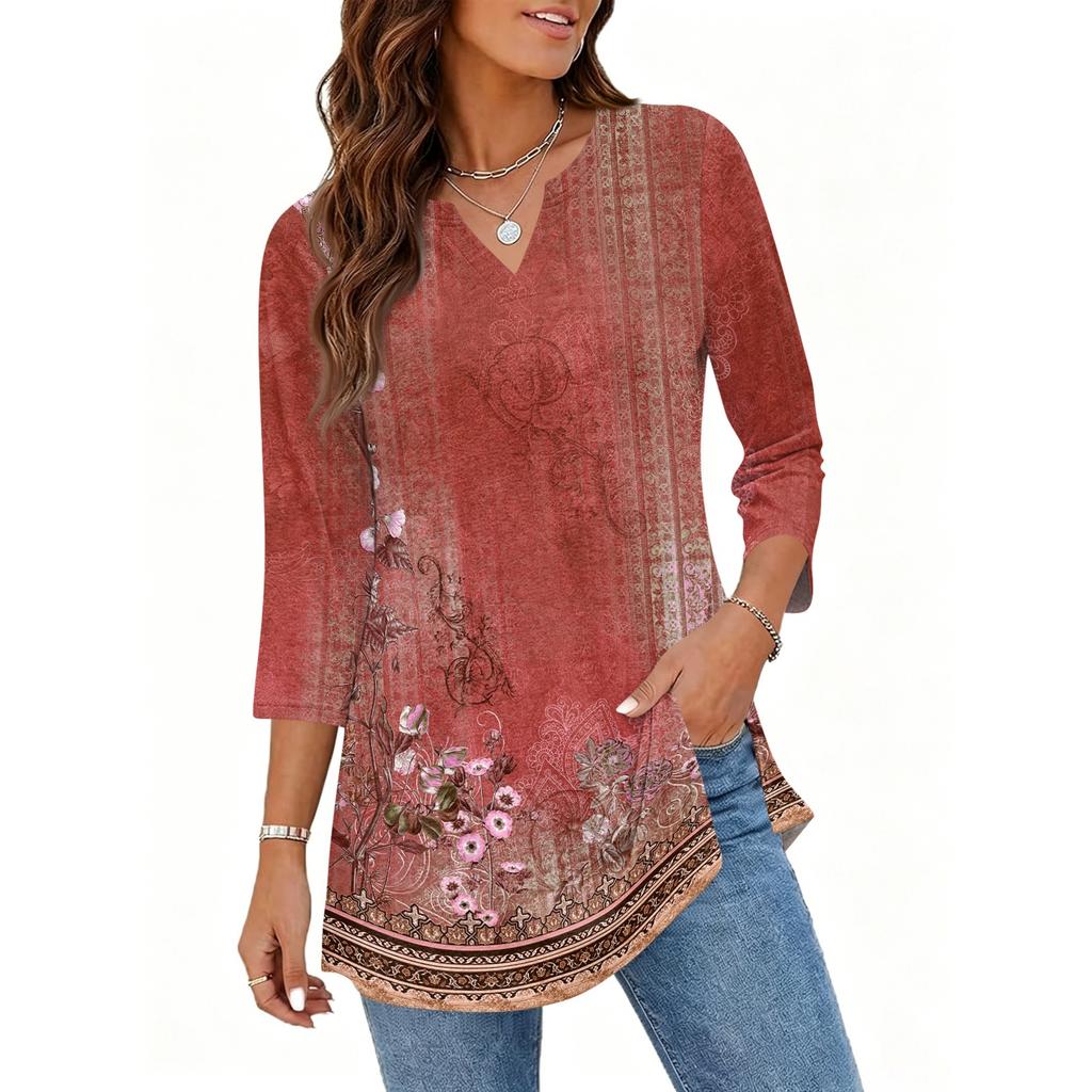 Women's Casual V Neck 3/4 Sleeve Pullover Tunic Top Floral Print Mid Length Loose Fit Blouse for Everyday Wear