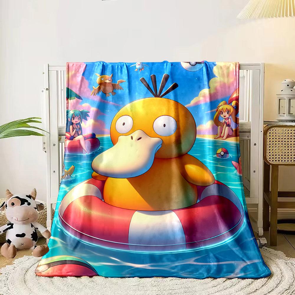 A yellow cartoon duck floats on a striped swim ring in a sunny pool scene. for all seasons blanket lunch break throw gift 80cm x 120cm
