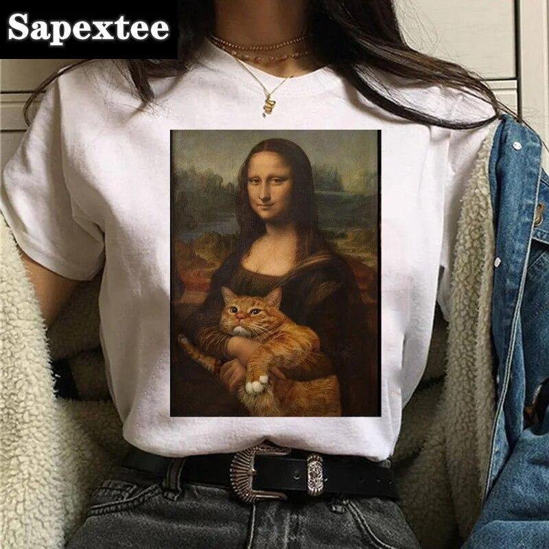 Camiseta Gato Van Gogh woUnisex estampado artístico pintura al óleo hermosa linda divertida camiseta dibujos animados años 90 ulzzang top casual camiseta mujer