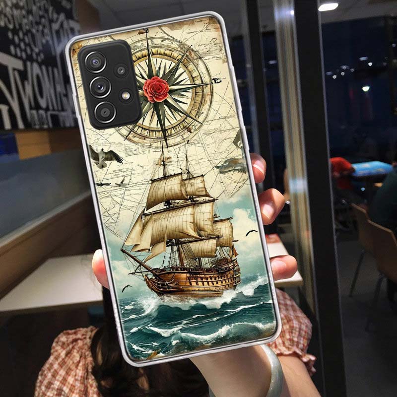 Compass Map Voyage Phone Case for Samsung A54 A57 A37 A17 A14 A15 A12 A24 A34 A55 A35 A25 A52S A07 A05S A04S A22 A32 A72 Galaxy