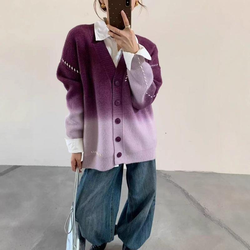 Versatile gradual change knitted cardigan autumn and winter new loose casual lazy wind sweater jacket women