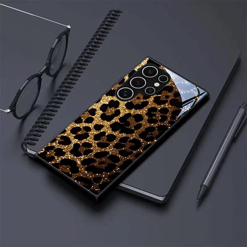Golden Flash Leopard Pattern Tempered Glass Phone Case Suitable for Samsung GalaxyS26 S25 S24 S22 S21 S20FE/Ultra/Plus Anti Drop