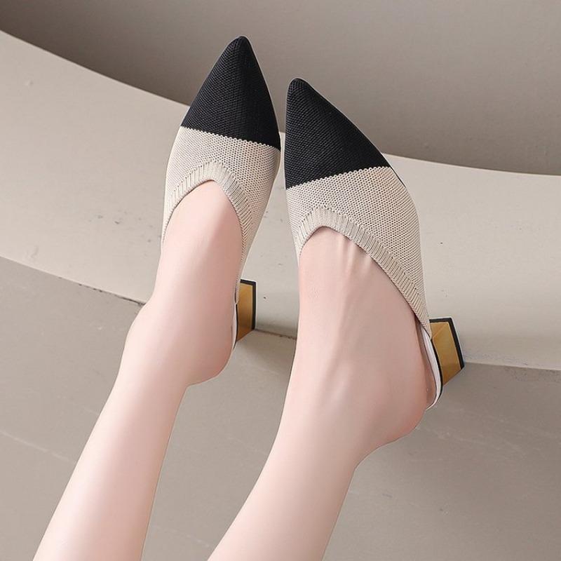 2025 Summer Women Yellow Black Knitted Slides Mules New Elegant Mesh Breathable Med Heel Slippers Closed Toe Slides Party Shoes