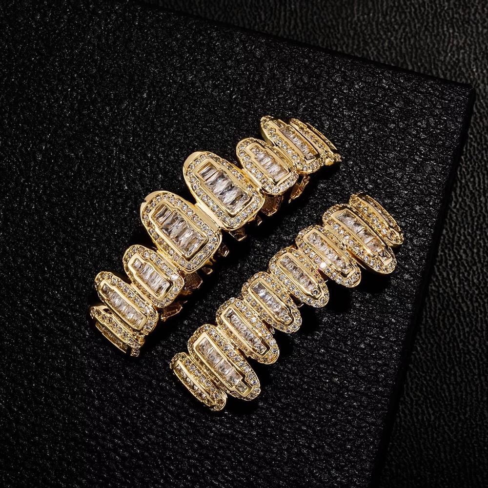 Iced Out T Square CZ 8 Teeth Grillz Real Gold Plated Brass HIPHOP Men Sharp Teeth Grills Halloween Cosplay Bulk