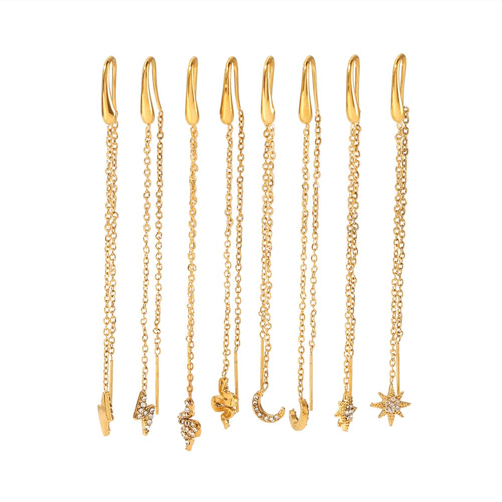 18k Gold Plated Chain Earring Dainty Star Moon Strip Drop Dangle Stainless Steel Long Threader Earring For Women