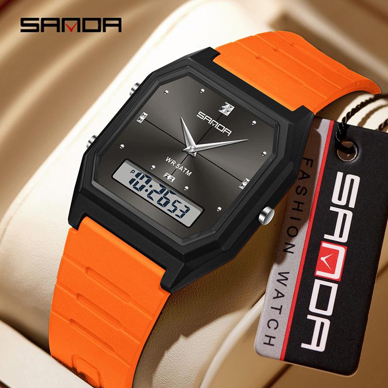 Sanda Waterproof Square Alarm Watch - Luminous Chronograph Sports Wristwatch for Students