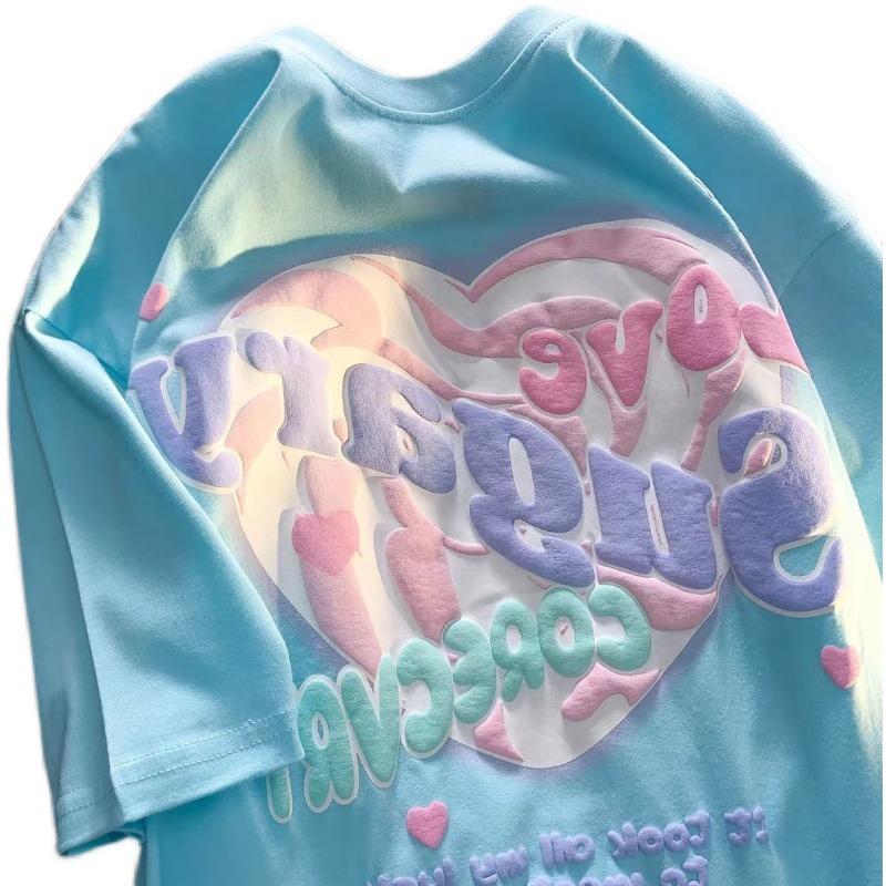 Women's Oversized Heart Design Blue Cotton Tee - Sweet & Spicy Summer Style