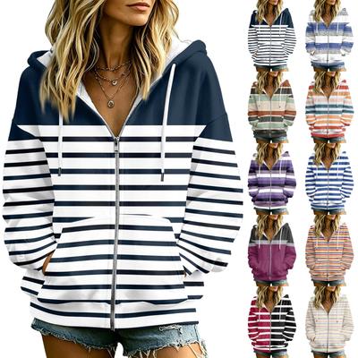 Damen Kapuzenjacke mit Streifenmuster, langen Ärmeln und Taschen für Freizeitkleidung