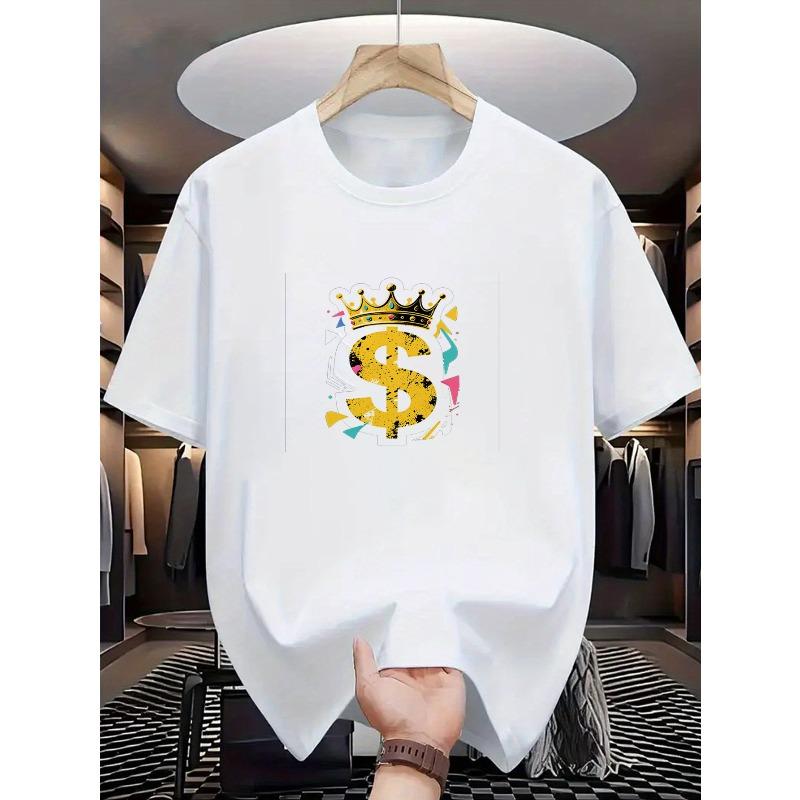 European sizes Men'S T-Shirt with a Crown Dollar Sign And The Slogan 'Wealth King', Featuring a Money Print, Short Sleeves, Casual Top