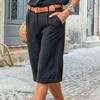 Women Cotton Linen Shorts Solid Color Mid-rise Pockets Straight Lady Short Pants Casual Wide Leg Knee-length Beach Shorts