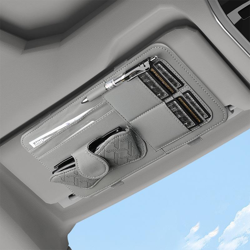 Car Sun Visor Organizer - Premium PU Leather Multifunctional Storage Box with Fashion Glasses Clip, Card Slots & Pen Holders