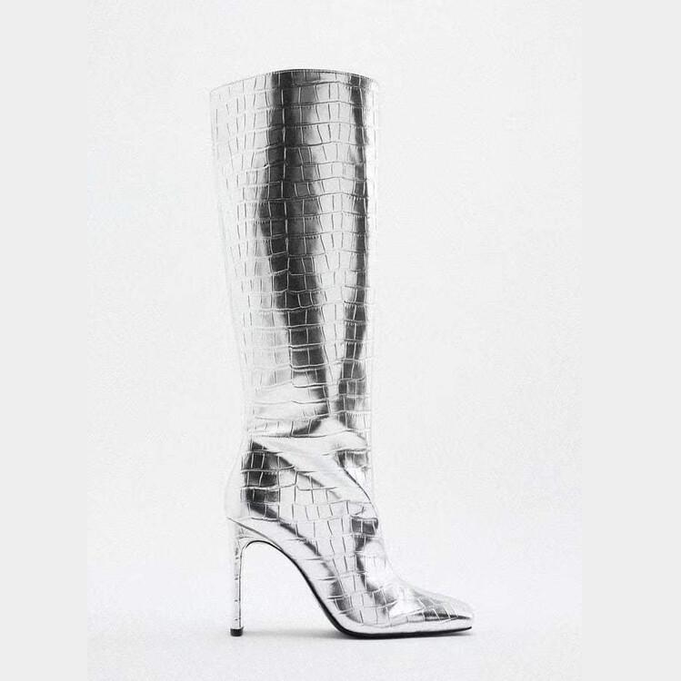 Fashion Silver Gold Fine Heel Square Head Knee Length Boots 2025 Winter New Versatile Slim Sleeve Long Boots Large 43 Women's Shoes