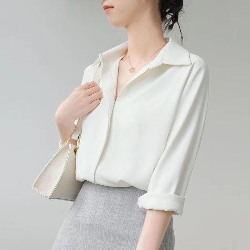 Spring Korean-style Pure Color Loose Satin Long Sleeve Shirt Women